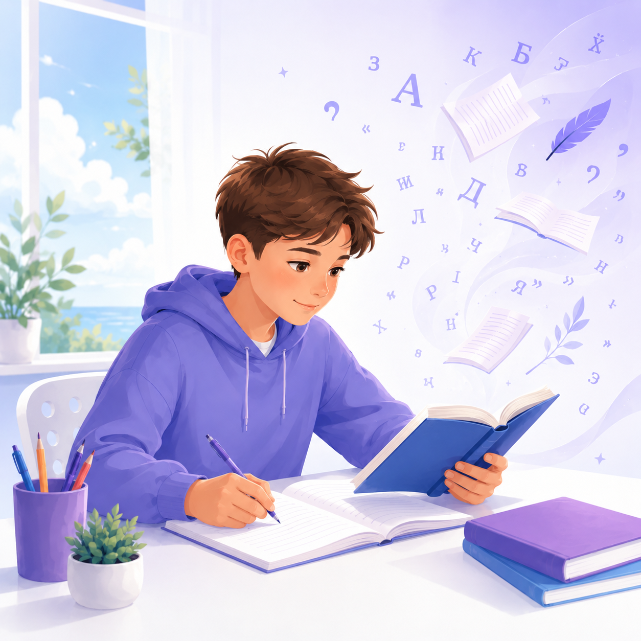 Ребёнок читает книгу и работает с текстом